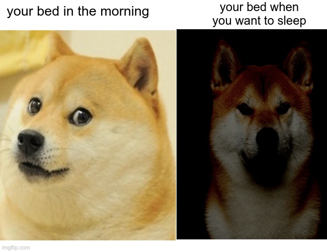 i hate this. | your bed when you want to sleep; your bed in the morning | image tagged in memes,funny,doge,creepy doge,bed | made w/ Imgflip meme maker