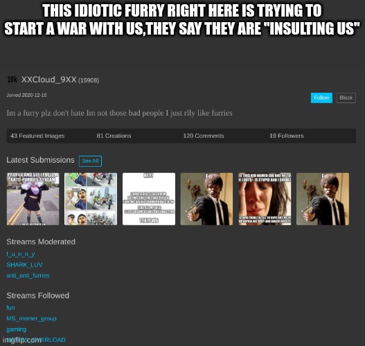 Careful because they have alts. | THIS IDIOTIC FURRY RIGHT HERE IS TRYING TO START A WAR WITH US,THEY SAY THEY ARE "INSULTING US" | image tagged in look | made w/ Imgflip meme maker