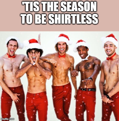 Shirtless Christmas Meme | 'TIS THE SEASON TO BE SHIRTLESS | image tagged in shirtless,christmas,meme,funny,funny memes,sexy | made w/ Imgflip meme maker