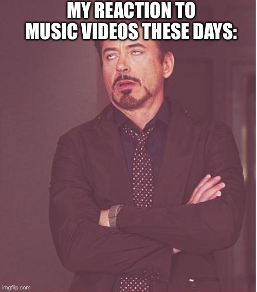 lol | MY REACTION TO MUSIC VIDEOS THESE DAYS: | image tagged in memes,face you make robert downey jr | made w/ Imgflip meme maker