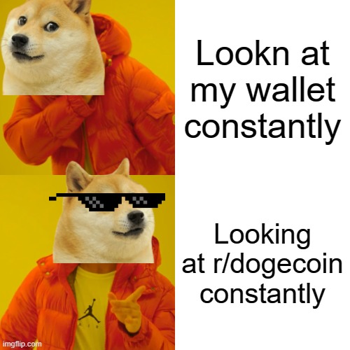 Drake Hotline Bling Meme | Lookn at my wallet constantly; Looking at r/dogecoin constantly | image tagged in memes,drake hotline bling | made w/ Imgflip meme maker