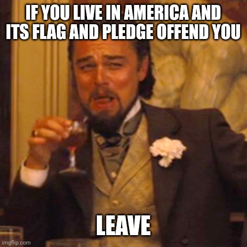 Your feelings get hurt when you see the flag? You think it's insensitive? Too bad. | IF YOU LIVE IN AMERICA AND ITS FLAG AND PLEDGE OFFEND YOU; LEAVE | image tagged in memes,laughing leo,american flag,feelings,hurt feelings | made w/ Imgflip meme maker