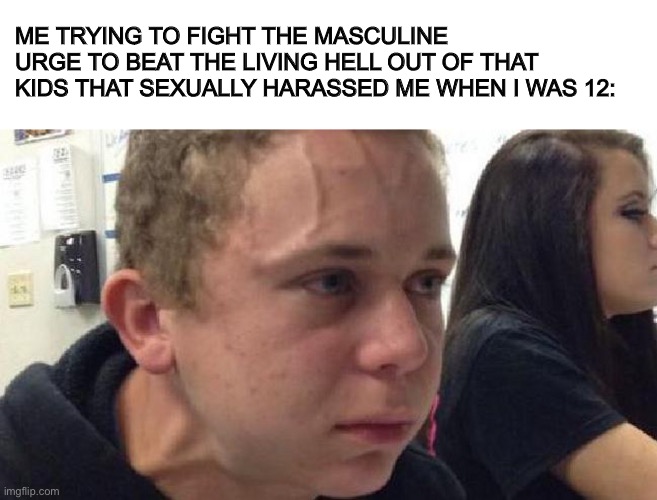 frustrated meme | ME TRYING TO FIGHT THE MASCULINE URGE TO BEAT THE LIVING HELL OUT OF THAT KIDS THAT SEXUALLY HARASSED ME WHEN I WAS 12: | image tagged in frustrated meme,memes | made w/ Imgflip meme maker