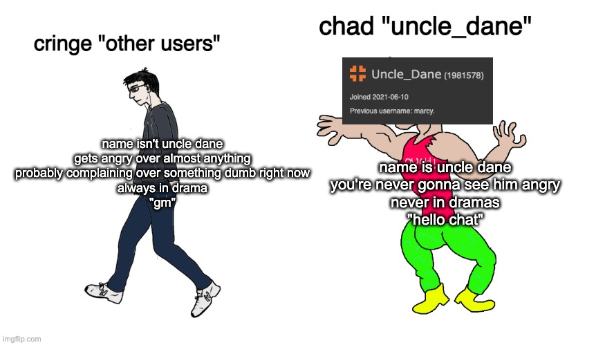 uncle_dane is the best person on here | chad "uncle_dane"; name isn't uncle dane
gets angry over almost anything
probably complaining over something dumb right now
always in drama
"gm"; cringe "other users"; name is uncle dane
you're never gonna see him angry
never in dramas
"hello chat" | image tagged in chad vs virgin | made w/ Imgflip meme maker