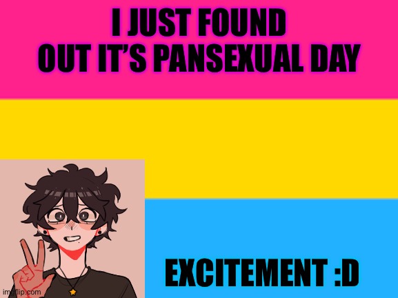 :00 | I JUST FOUND OUT IT’S PANSEXUAL DAY; EXCITEMENT :D | image tagged in pansexual flag | made w/ Imgflip meme maker