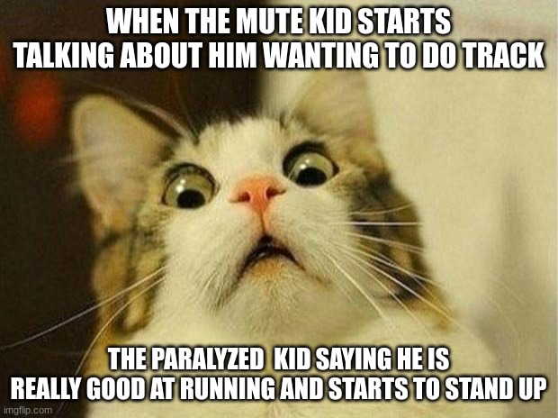 Scared Cat | WHEN THE MUTE KID STARTS TALKING ABOUT HIM WANTING TO DO TRACK; THE PARALYZED  KID SAYING HE IS REALLY GOOD AT RUNNING AND STARTS TO STAND UP | image tagged in memes,scared cat | made w/ Imgflip meme maker
