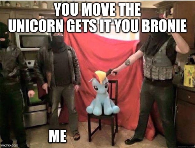 YOU MOVE THE UNICORN GETS IT YOU BRONIE; ME | image tagged in dark humor | made w/ Imgflip meme maker