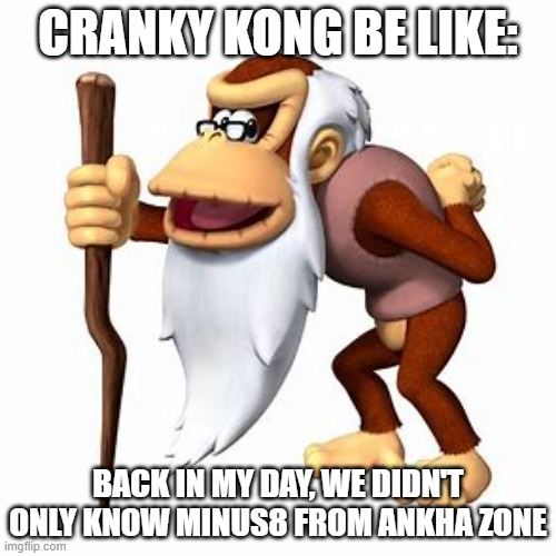 Funni monke. | CRANKY KONG BE LIKE:; BACK IN MY DAY, WE DIDN'T ONLY KNOW MINUS8 FROM ANKHA ZONE | image tagged in donkey kong | made w/ Imgflip meme maker