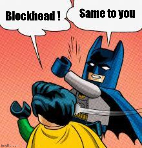 lego batman slapping robin | Blockhead ! Same to you | image tagged in lego batman slapping robin | made w/ Imgflip meme maker