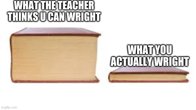 Big book small book | WHAT THE TEACHER THINKS U CAN WRIGHT; WHAT YOU ACTUALLY WRIGHT | image tagged in big book small book | made w/ Imgflip meme maker