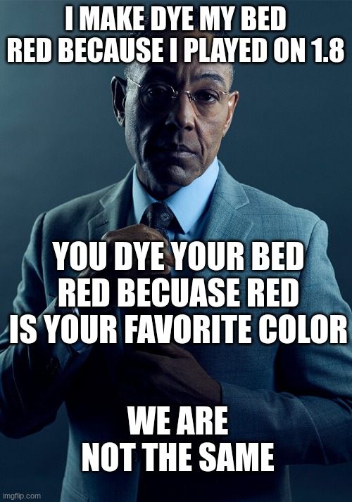 red minecraft bed | I MAKE DYE MY BED RED BECAUSE I PLAYED ON 1.8; YOU DYE YOUR BED RED BECUASE RED IS YOUR FAVORITE COLOR; WE ARE NOT THE SAME | image tagged in gus fring we are not the same | made w/ Imgflip meme maker