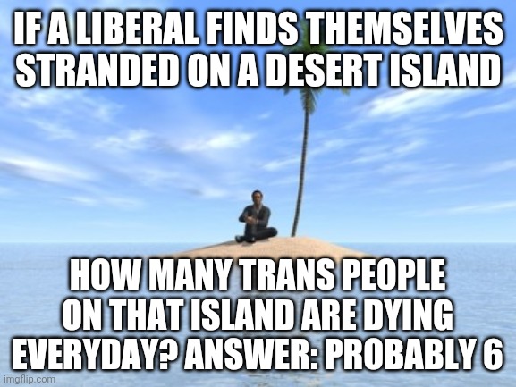 Desert island | IF A LIBERAL FINDS THEMSELVES STRANDED ON A DESERT ISLAND HOW MANY TRANS PEOPLE ON THAT ISLAND ARE DYING EVERYDAY? ANSWER: PROBABLY 6 | image tagged in desert island | made w/ Imgflip meme maker