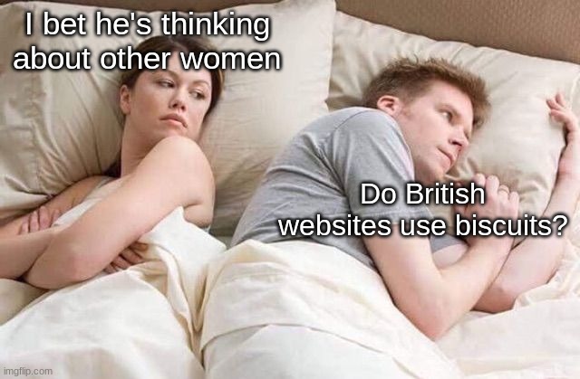 hmmmm...good question | I bet he's thinking about other women; Do British websites use biscuits? | image tagged in angry wife in bed flipped | made w/ Imgflip meme maker