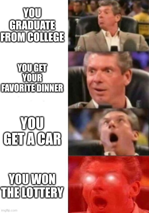 Mr. McMahon reaction | YOU GRADUATE FROM COLLEGE; YOU GET YOUR FAVORITE DINNER; YOU GET A CAR; YOU WON THE LOTTERY | image tagged in mr mcmahon reaction | made w/ Imgflip meme maker