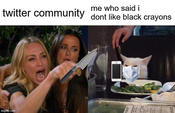 sdfhtwugntru | twitter community; me who said i dont like black crayons | image tagged in memes,woman yelling at cat | made w/ Imgflip meme maker