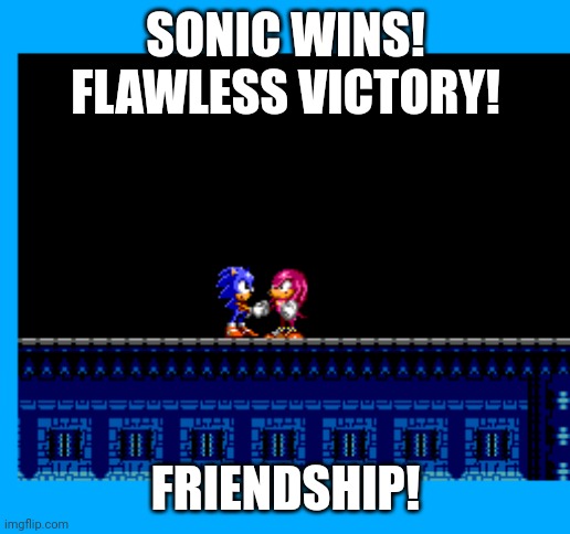 Sonic & Knuckles Friendship | SONIC WINS!
FLAWLESS VICTORY! FRIENDSHIP! | image tagged in sonic knuckles friendship | made w/ Imgflip meme maker