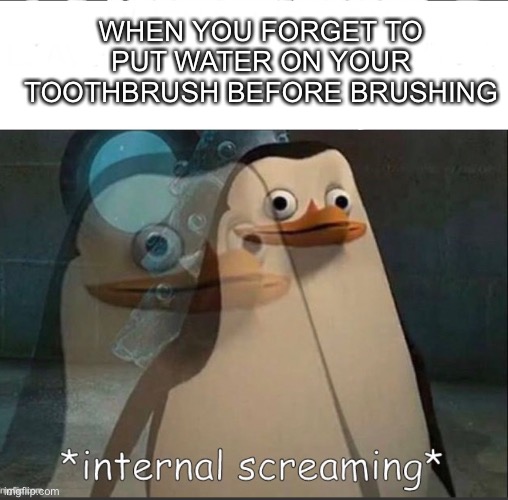 Festive_iceu’s font shout me out pls | WHEN YOU FORGET TO PUT WATER ON YOUR TOOTHBRUSH BEFORE BRUSHING | image tagged in funny,internal screaming | made w/ Imgflip meme maker