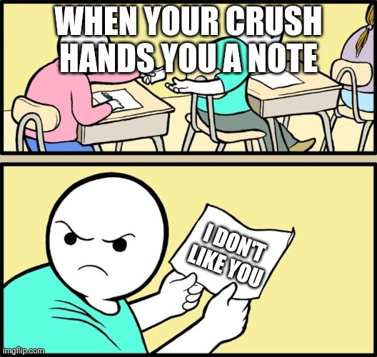 Note passing | WHEN YOUR CRUSH HANDS YOU A NOTE; I DON'T LIKE YOU | image tagged in note passing | made w/ Imgflip meme maker