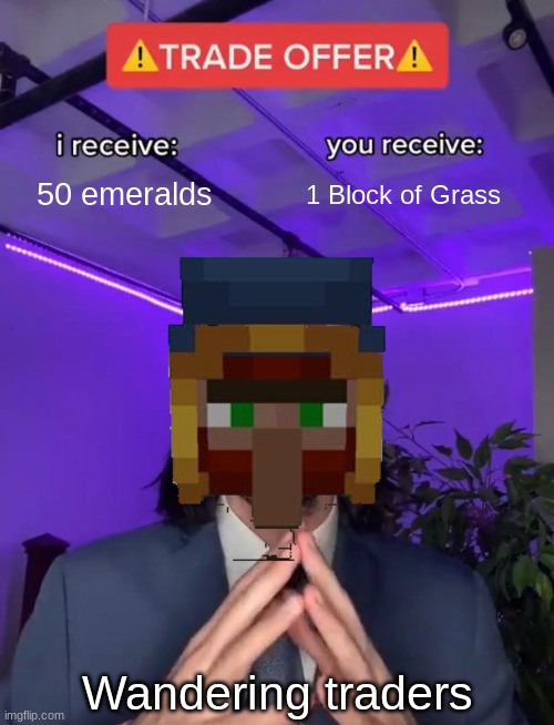 Y u kil mee? | 50 emeralds; 1 Block of Grass; Wandering traders | image tagged in wandering trader,minecraft,trade offer | made w/ Imgflip meme maker