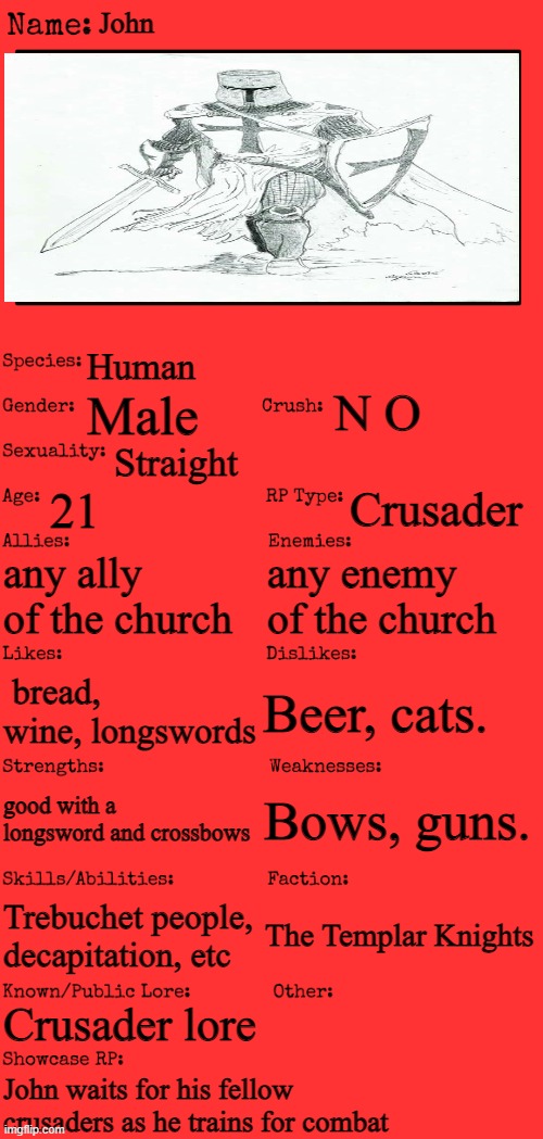 John the crusader | John; Human; N O; Male; Straight; 21; Crusader; any ally of the church; any enemy of the church; Beer, cats. bread, wine, longswords; Bows, guns. good with a longsword and crossbows; Trebuchet people, decapitation, etc; The Templar Knights; Crusader lore; John waits for his fellow crusaders as he trains for combat | image tagged in new oc showcase for rp stream | made w/ Imgflip meme maker