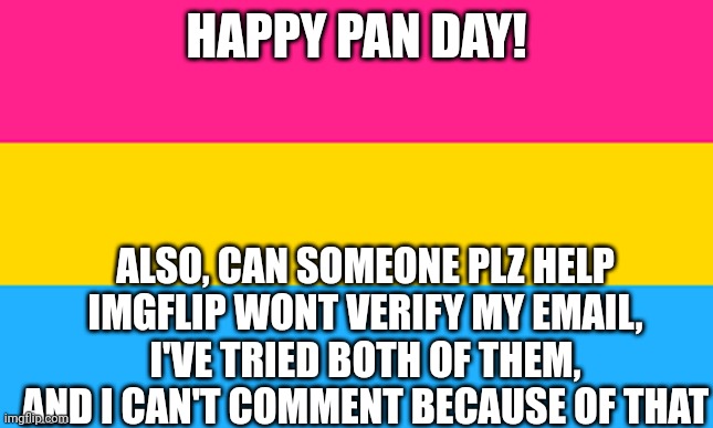Can someone help? | HAPPY PAN DAY! ALSO, CAN SOMEONE PLZ HELP
IMGFLIP WONT VERIFY MY EMAIL, I'VE TRIED BOTH OF THEM, AND I CAN'T COMMENT BECAUSE OF THAT | image tagged in pan flag | made w/ Imgflip meme maker