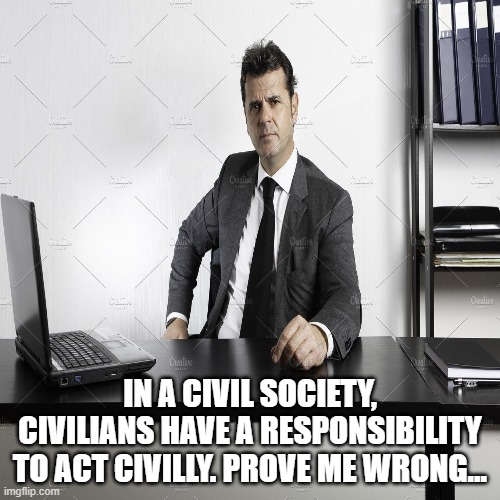 sensible people | IN A CIVIL SOCIETY, CIVILIANS HAVE A RESPONSIBILITY TO ACT CIVILLY. PROVE ME WRONG… | image tagged in memes | made w/ Imgflip meme maker