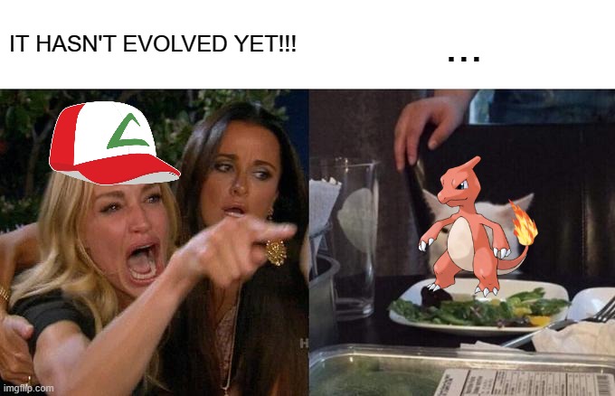 PokeMeme #5: Charmeleon | IT HASN'T EVOLVED YET!!! ... | image tagged in memes,woman yelling at cat,pokemon | made w/ Imgflip meme maker