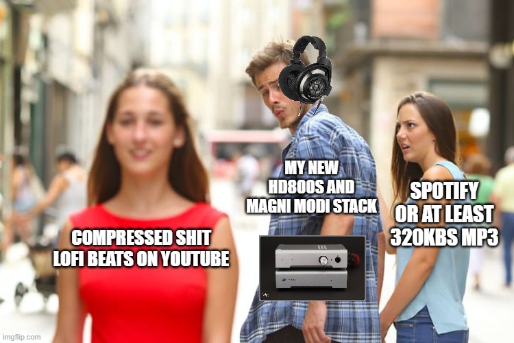 Distracted Boyfriend Meme | MY NEW HD800S AND MAGNI MODI STACK; SPOTIFY OR AT LEAST 320KBS MP3; COMPRESSED SHIT LOFI BEATS ON YOUTUBE | image tagged in memes,distracted boyfriend,headphones | made w/ Imgflip meme maker