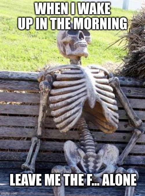 Waiting Skeleton | WHEN I WAKE UP IN THE MORNING; LEAVE ME THE F... ALONE | image tagged in memes,waiting skeleton | made w/ Imgflip meme maker