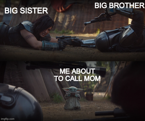 youngest sib | BIG SISTER; BIG BROTHER; ME ABOUT TO CALL MOM | image tagged in baby yoda interrupting fight,siblings,sibling rivalry,big brother,big sister | made w/ Imgflip meme maker