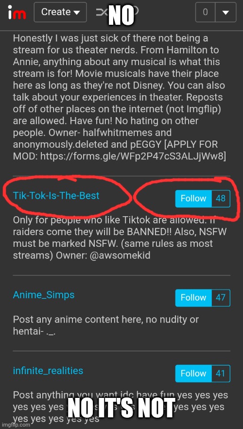 1: why does this exist and 2 who are the 48 people that follow this? | NO; NO IT'S NOT | image tagged in tiktok sucks,why | made w/ Imgflip meme maker