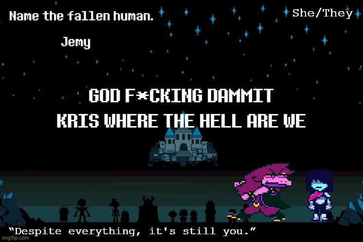 HEY WHAT ARE YOU DOING HERE GET OUT OF MY TEMP >:(( | GOD F*CKING DAMMIT KRIS WHERE THE HELL ARE WE | image tagged in jemy temp redacted | made w/ Imgflip meme maker