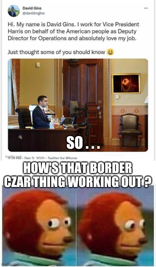 Oops | SO . . . HOW'S THAT BORDER CZAR THING WORKING OUT ? | image tagged in kamala harris,border wall,illegal immigration,liberals,democrats,joe biden | made w/ Imgflip meme maker