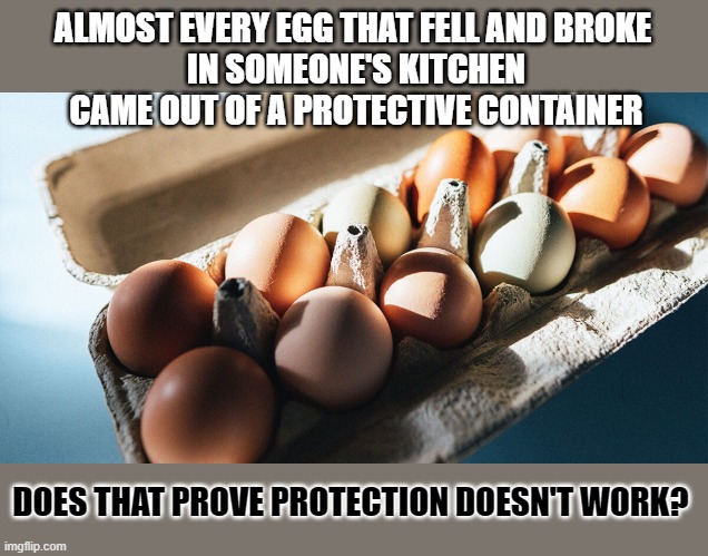Protecting things or people doesn't always work. Should we forget about protection? | ALMOST EVERY EGG THAT FELL AND BROKE 
IN SOMEONE'S KITCHEN
CAME OUT OF A PROTECTIVE CONTAINER; DOES THAT PROVE PROTECTION DOESN'T WORK? | image tagged in protection,logic,vaccines,stay safe | made w/ Imgflip meme maker