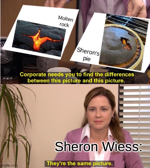They're The Same Picture Meme |  Molten rock; Sheron's pie; Sheron Wiess: | image tagged in memes,they're the same picture | made w/ Imgflip meme maker