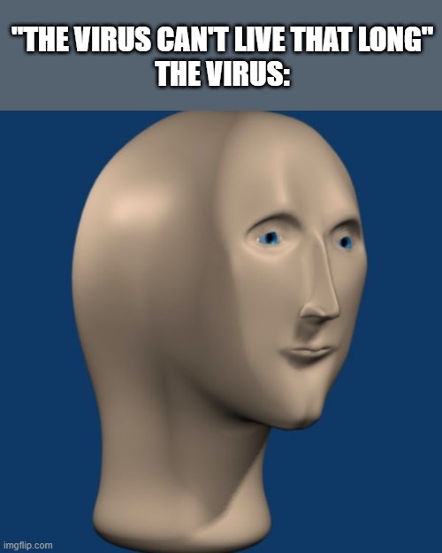 peepeepoopoo changing title bc bord | "THE VIRUS CAN'T LIVE THAT LONG"
THE VIRUS: | image tagged in meme man | made w/ Imgflip meme maker