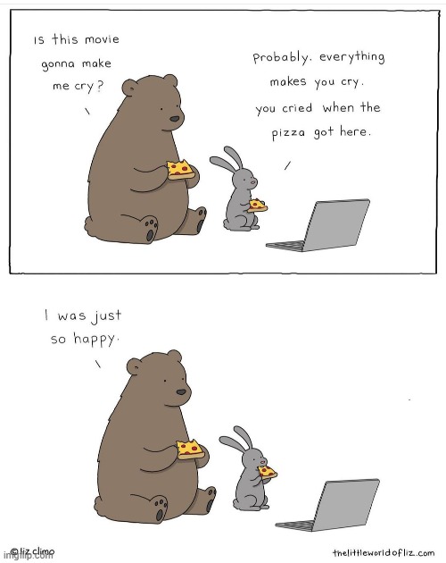 happy tears | image tagged in comics/cartoons,bear,rabbit,pizza | made w/ Imgflip meme maker