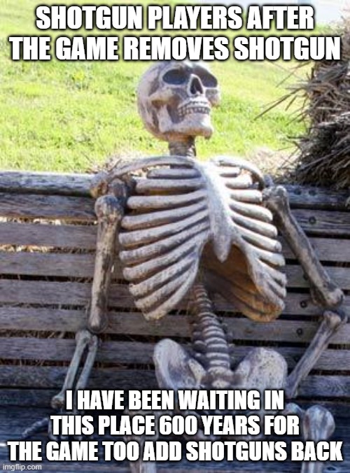 Waiting Skeleton Meme | SHOTGUN PLAYERS AFTER THE GAME REMOVES SHOTGUN; I HAVE BEEN WAITING IN THIS PLACE 600 YEARS FOR THE GAME TOO ADD SHOTGUNS BACK | image tagged in memes,waiting skeleton | made w/ Imgflip meme maker