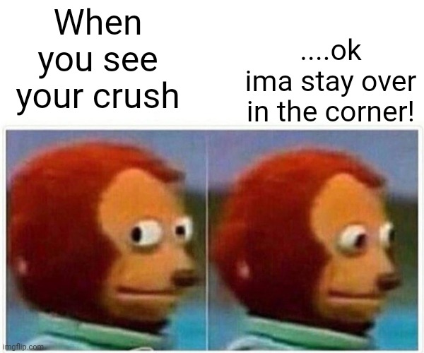 Monkey Puppet | When you see your crush; ....ok ima stay over in the corner! | image tagged in memes,monkey puppet | made w/ Imgflip meme maker