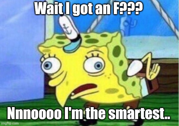 Mocking Spongebob Meme | Wait I got an F??? Nnnoooo I'm the smartest.. | image tagged in memes,mocking spongebob | made w/ Imgflip meme maker