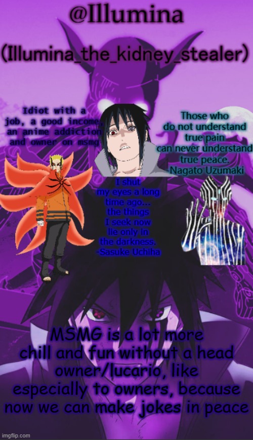 Illumina high effort temp | MSMG is a lot more chill and fun without a head owner/lucario, like especially to owners, because now we can make jokes in peace | image tagged in illumina high effort temp | made w/ Imgflip meme maker