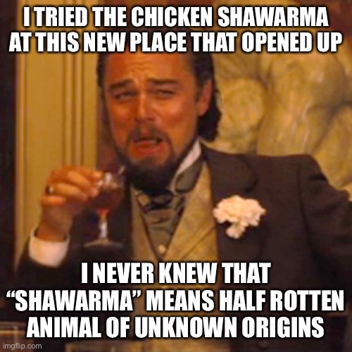 Laughing Leo | I TRIED THE CHICKEN SHAWARMA AT THIS NEW PLACE THAT OPENED UP; I NEVER KNEW THAT “SHAWARMA” MEANS HALF ROTTEN ANIMAL OF UNKNOWN ORIGINS | image tagged in memes,laughing leo,true story bro,shawarma,fast food | made w/ Imgflip meme maker