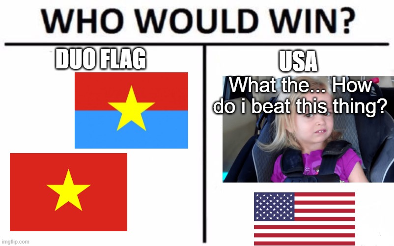 Who Would Win? Meme | DUO FLAG; USA; What the... How do i beat this thing? | image tagged in memes,who would win,usa,vietnam,fight | made w/ Imgflip meme maker