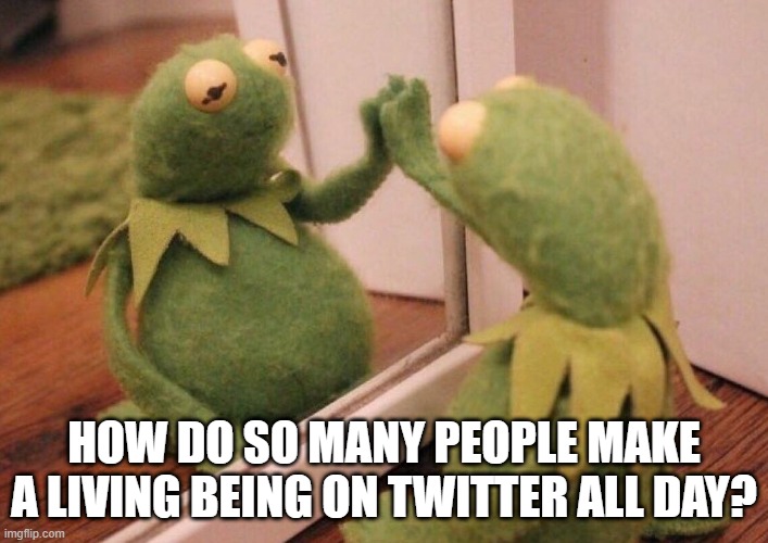 People on Twitter | HOW DO SO MANY PEOPLE MAKE A LIVING BEING ON TWITTER ALL DAY? | image tagged in kermit mirror,memers,memes,twitter,kermit,wannabe | made w/ Imgflip meme maker