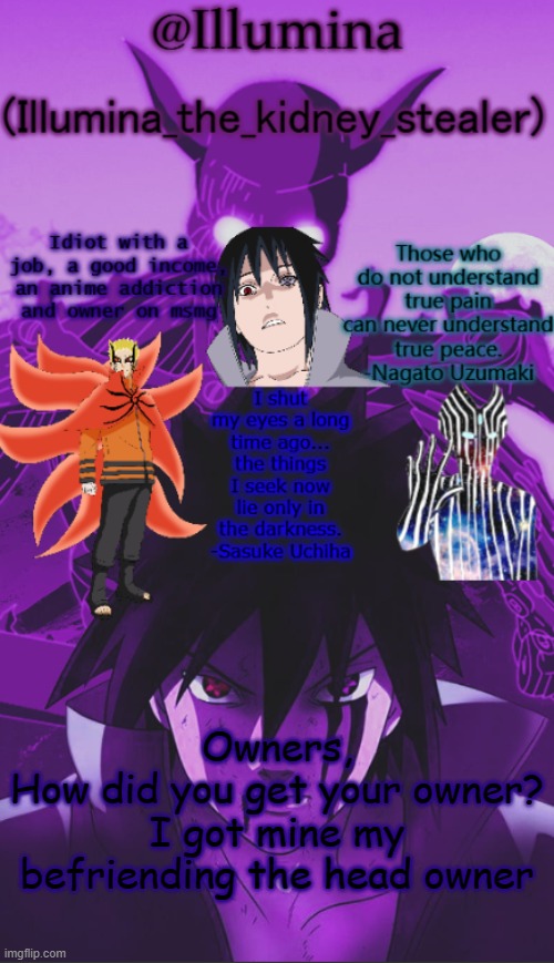 Illumina high effort temp | Owners,
How did you get your owner?
I got mine my befriending the head owner | image tagged in illumina high effort temp | made w/ Imgflip meme maker
