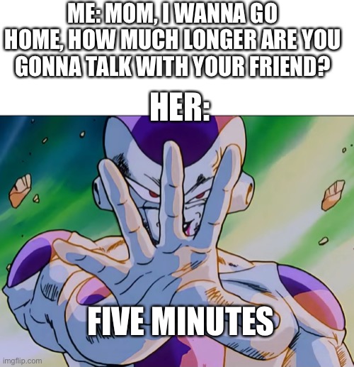 I don’t even watch the show | ME: MOM, I WANNA GO HOME, HOW MUCH LONGER ARE YOU GONNA TALK WITH YOUR FRIEND? HER:; FIVE MINUTES | image tagged in blank white template,dragon ball z | made w/ Imgflip meme maker