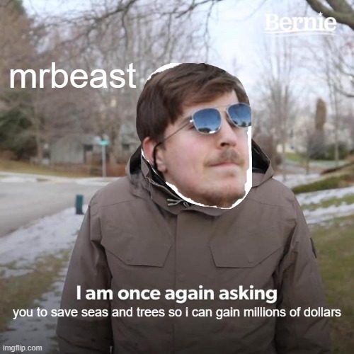 no offense mrbeast dont sue me :( | mrbeast; you to save seas and trees so i can gain millions of dollars | image tagged in memes,bernie i am once again asking for your support | made w/ Imgflip meme maker