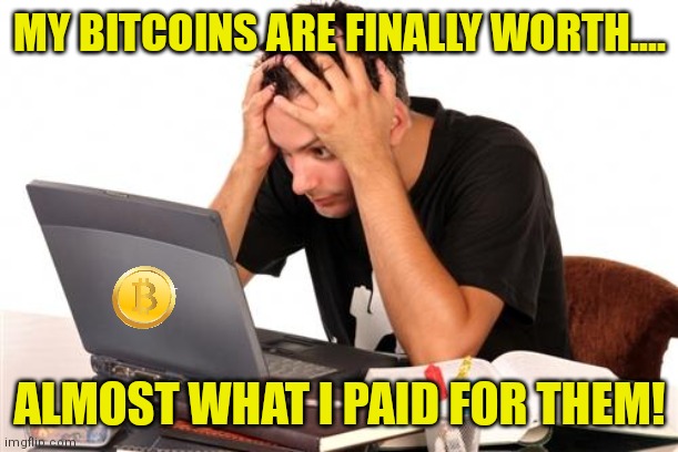 Volatility......the Achilles Heel of crypto | MY BITCOINS ARE FINALLY WORTH.... ALMOST WHAT I PAID FOR THEM! | image tagged in desperate-student,bitcoin | made w/ Imgflip meme maker