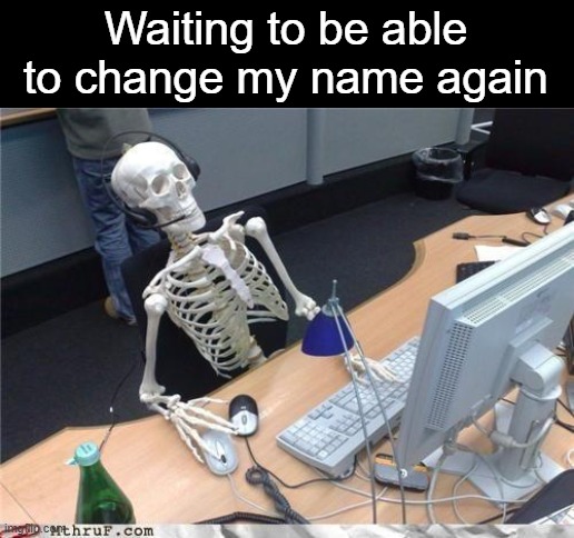 Waiting skeleton | Waiting to be able to change my name again | image tagged in waiting skeleton | made w/ Imgflip meme maker