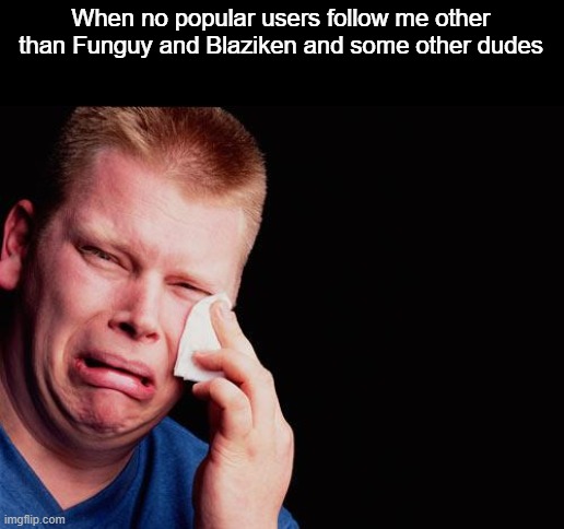 don't follow me, I'M NOT BEGGING | When no popular users follow me other than Funguy and Blaziken and some other dudes | image tagged in cry | made w/ Imgflip meme maker